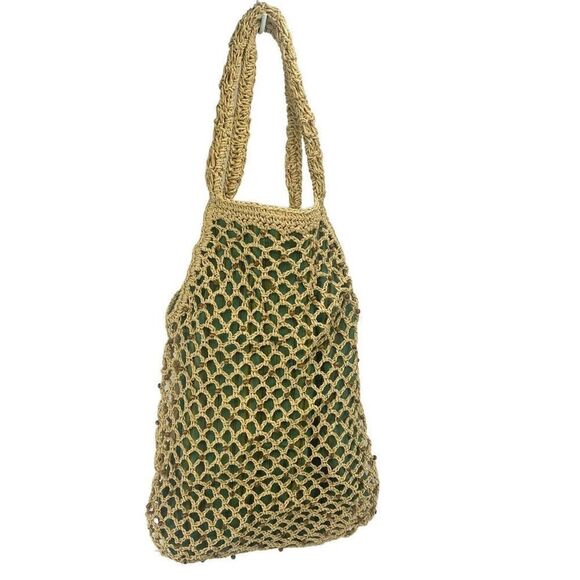 Women's Knitted Bag Beach Woven Crochet Fabric Lining Beaded Snap Button Tan - Picture 1 of 14